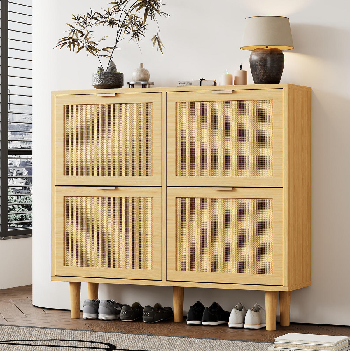 SCHUHSCHRANK mit 4 Klappen 100/25/90 cm in Eichenoptik mit Rattanfront - Naturfarben, Holzwerkstoff (100/90/25cm) - BEAOK