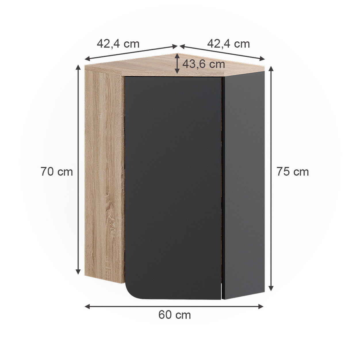 ECKHÄNGESCHRANK Karen Anthrazit 50 x 75 cm mit Tür und offenen Fächern - Anthrazit/Sonoma Eiche, Holzwerkstoff (42.4/75/42.4cm) - Vicco