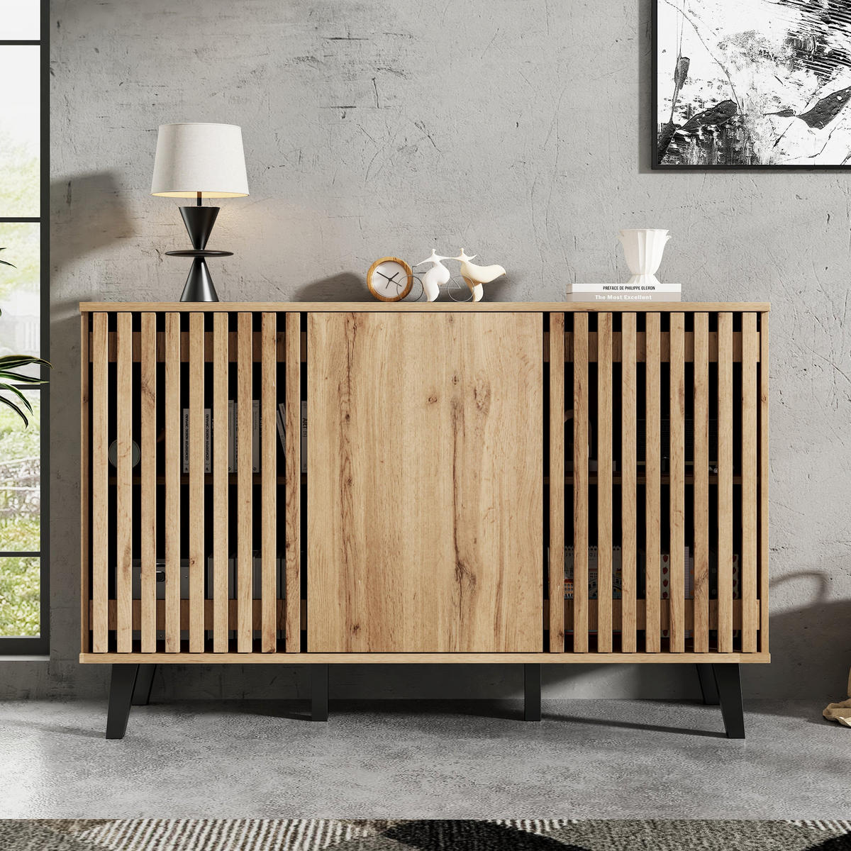 3-TÜRIGES Buffet mit Lamellendesign in Natürlicher Holzoptik,Beige - Naturfarben, Textil (40/95/150cm) - Urban Meuble
