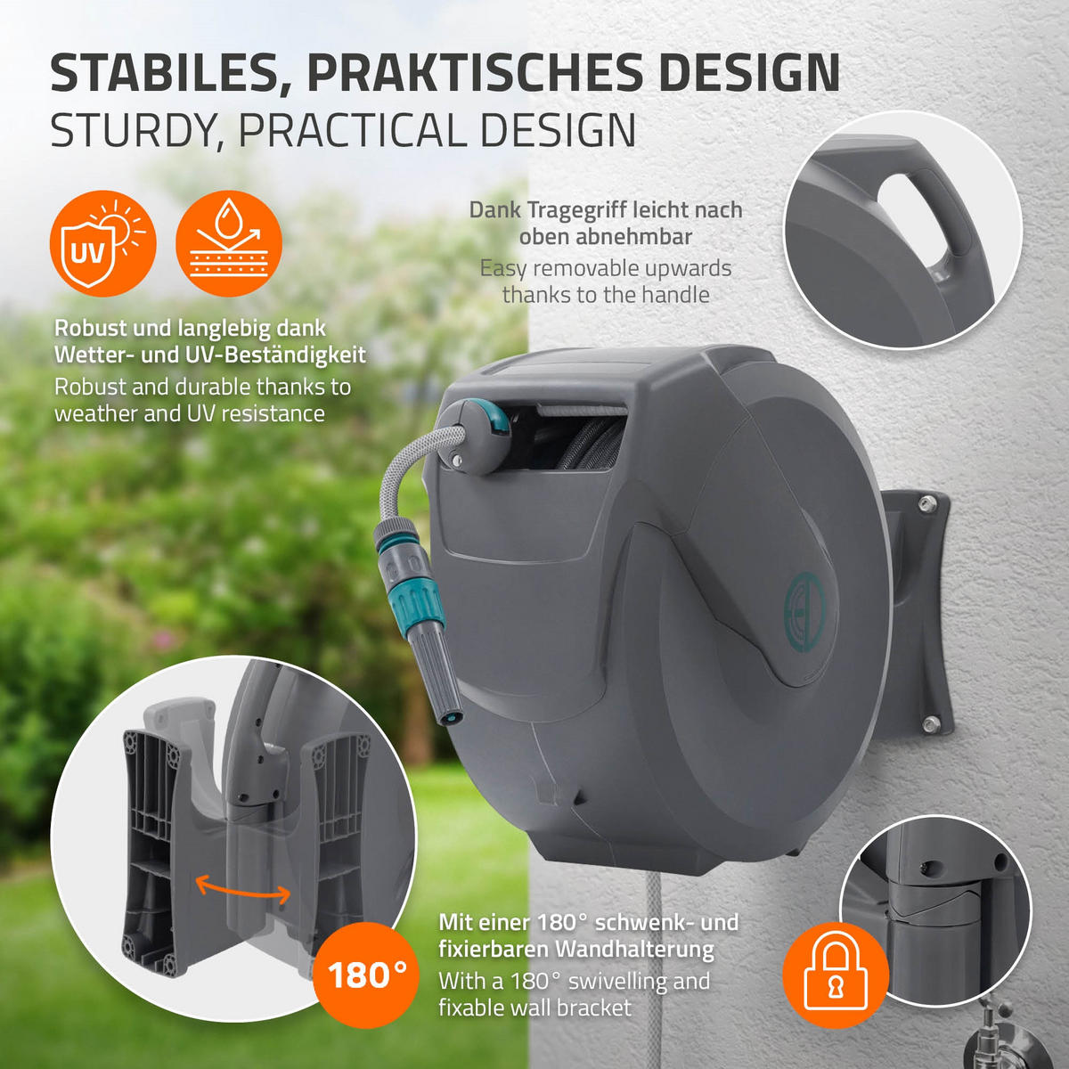 SCHLAUCHAUFROLLER 30m - Grau, Kunststoff (21/43/60.5cm) - ECD-Germany