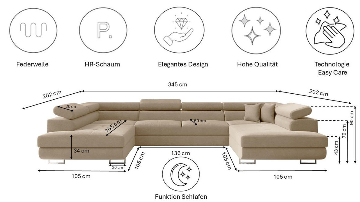 ECKSOFA Falio U-förmiges mit Schlaffunktion und Kopfstützen Velours Hellbeige - Creme, Holz/Textil (202/345cm) - Kaiser Möbel