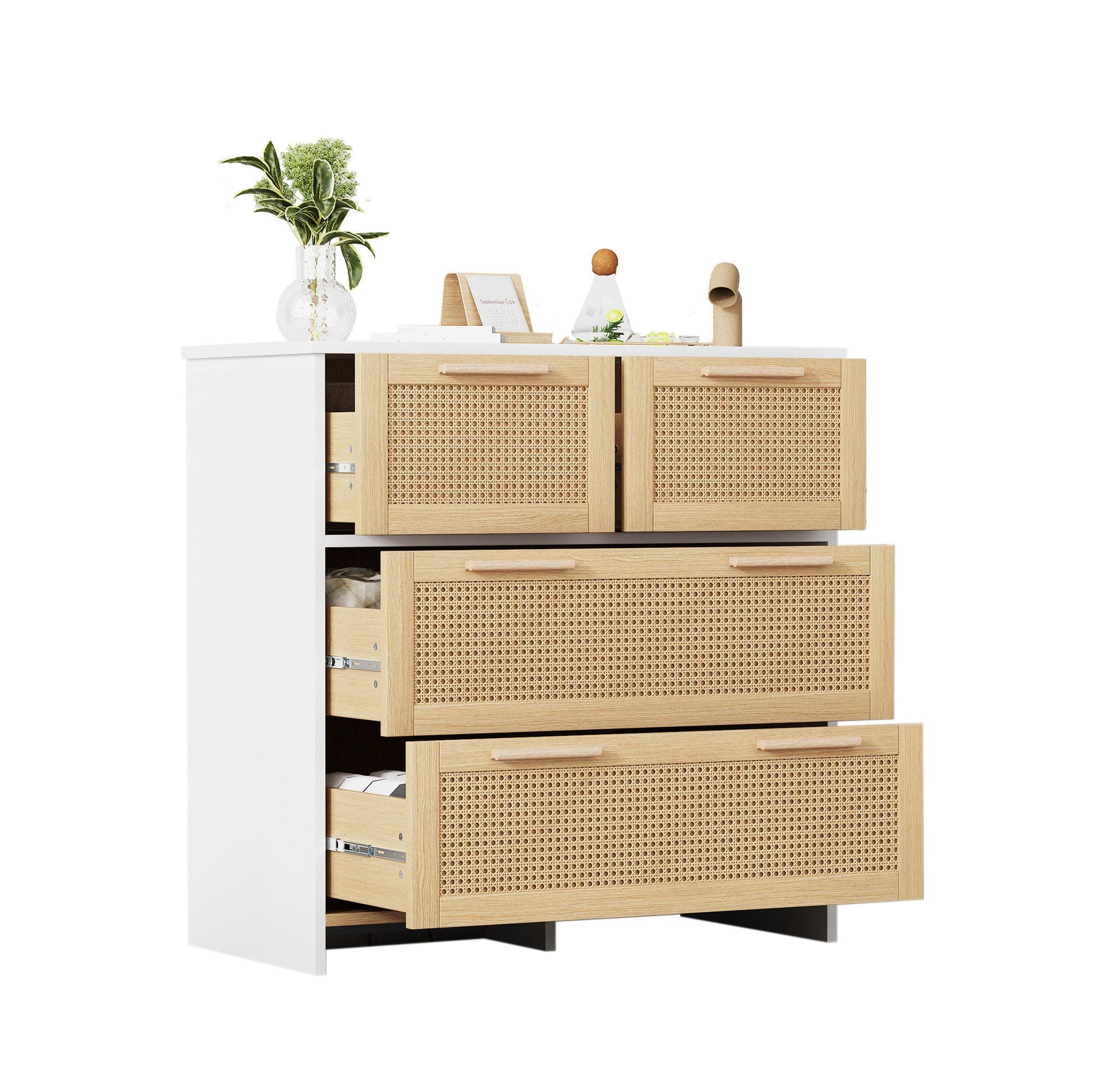 KOMMODE 80/38/80 cm in Natur/Weiß mit 4 Schubladen und Rattanfronten - Weiß, Holzwerkstoff (80/38/80cm) - Flora Grace