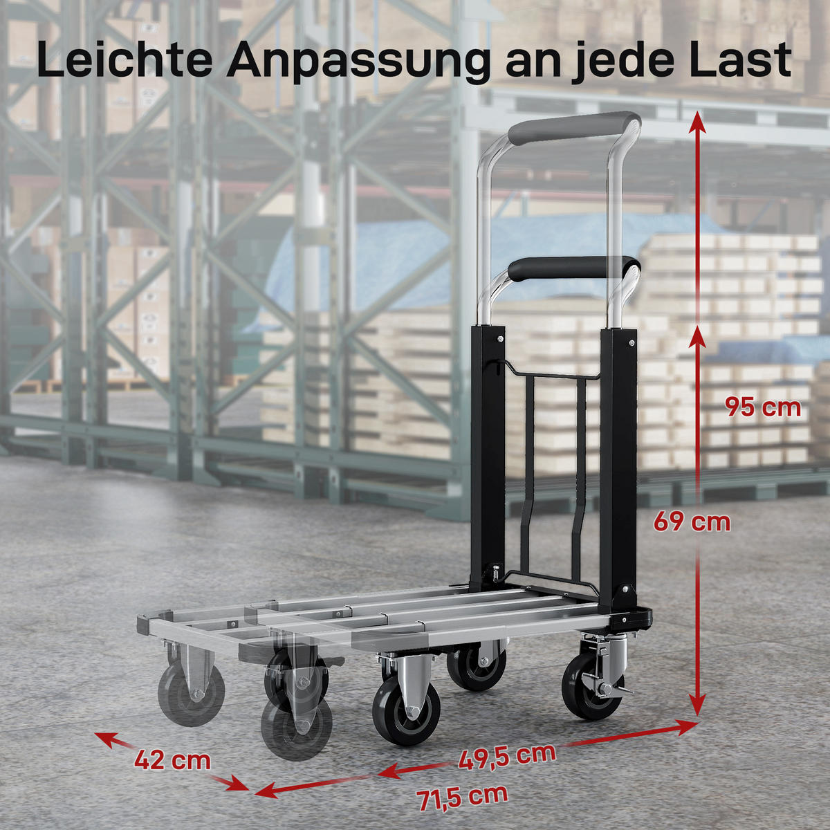 PLATTFORMWAGEN Transportwagen Klappbar 150 kg mit ausziehbarer Plattform - Schwarz, Metall (42/95/71.5cm) - HOMCOM