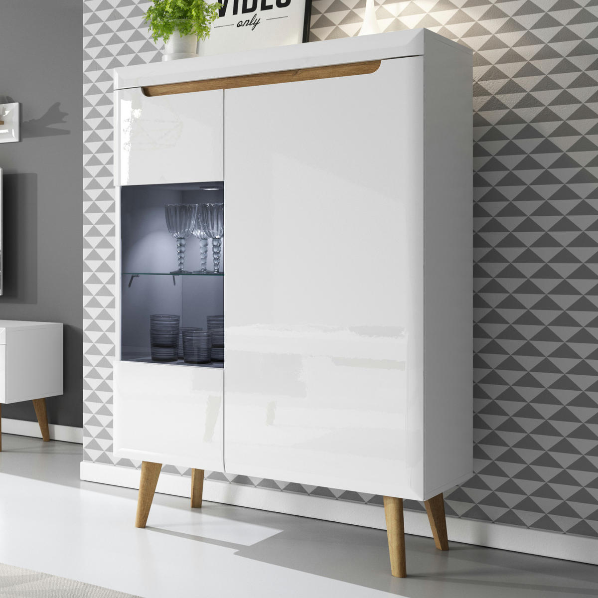 VITRINE SUDBURRY WIT2-2D Fronten, in Hochglanz aus MDF-Platte, Weiß - Weiß, Holz/Holzwerkstoff (90/134/40cm) - Komodee