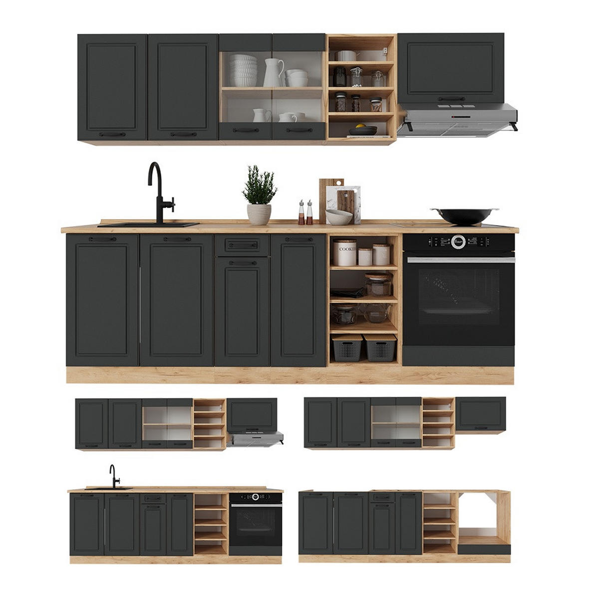 KUHINJSKI BLOK R-Line Antracitna podeželska hiša/zlati hrast 240 cm , DP Marmor - medeni hrast/antracit, leseni material (240/206.8/60cm) - Vicco