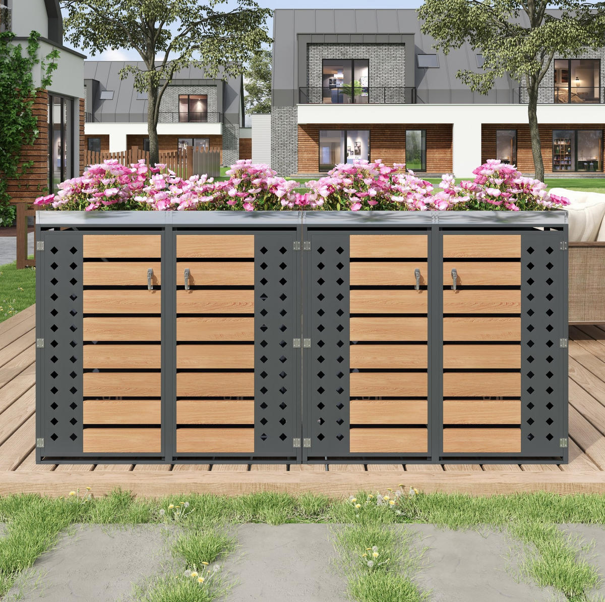 MÜLLTONNENBOX aus verzinktem Stahl in Grau/Holzoptik mit Pflanzkasten & 4 Türen 264x80x124,5 cm - Grau, Metall (264/124.5/80cm) - Modfu