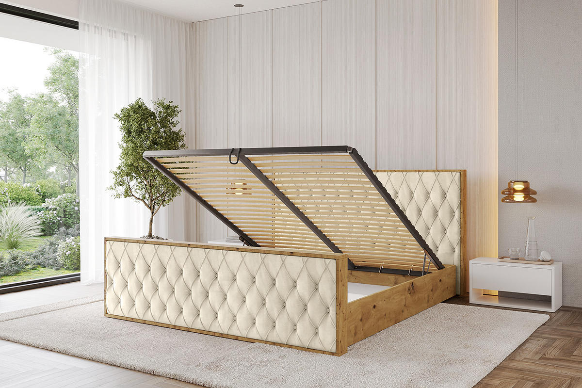 POLSTERBETT mit Bettkasten, Fußteil und Lattenrost, Boxbett ohne Matratze - ENZO5-Z 200x200 Beige - Ecru, Holzwerkstoff/Textil (200/200cm) - ALTDECOR