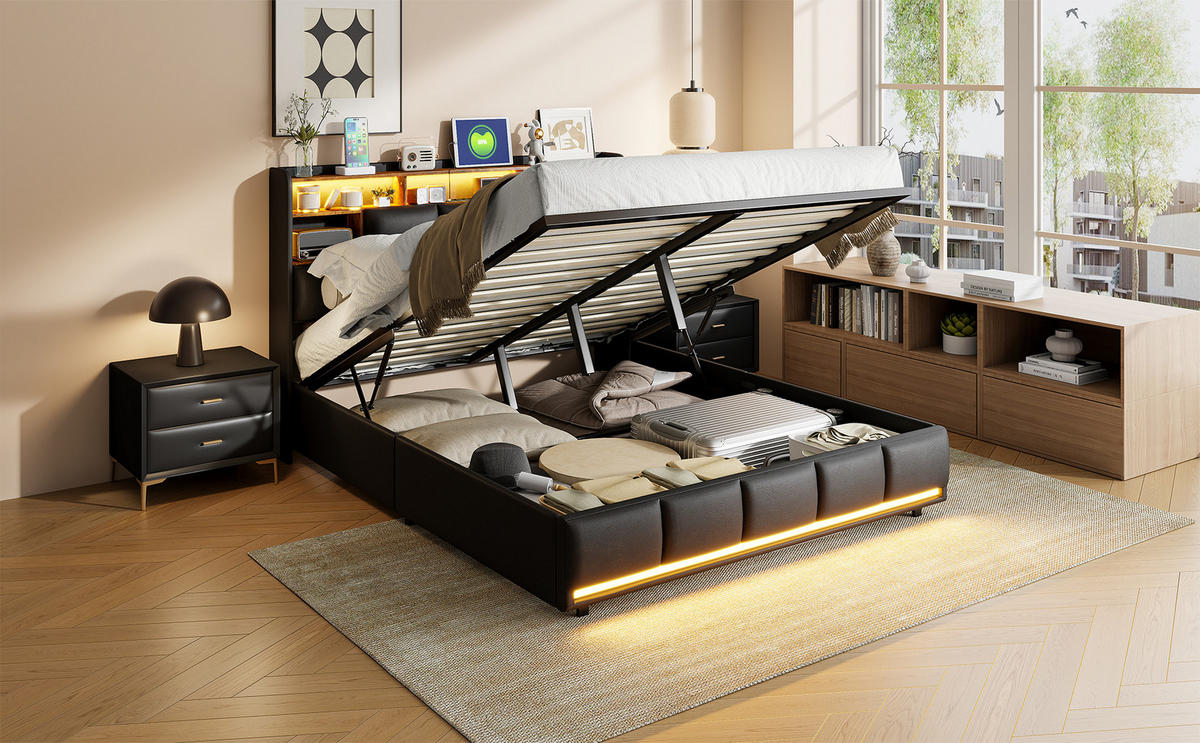 POLSTERBETT 140x200 Schwarz LED - Schwarz, Holzwerkstoff (140/200cm) - SHOPENTRA