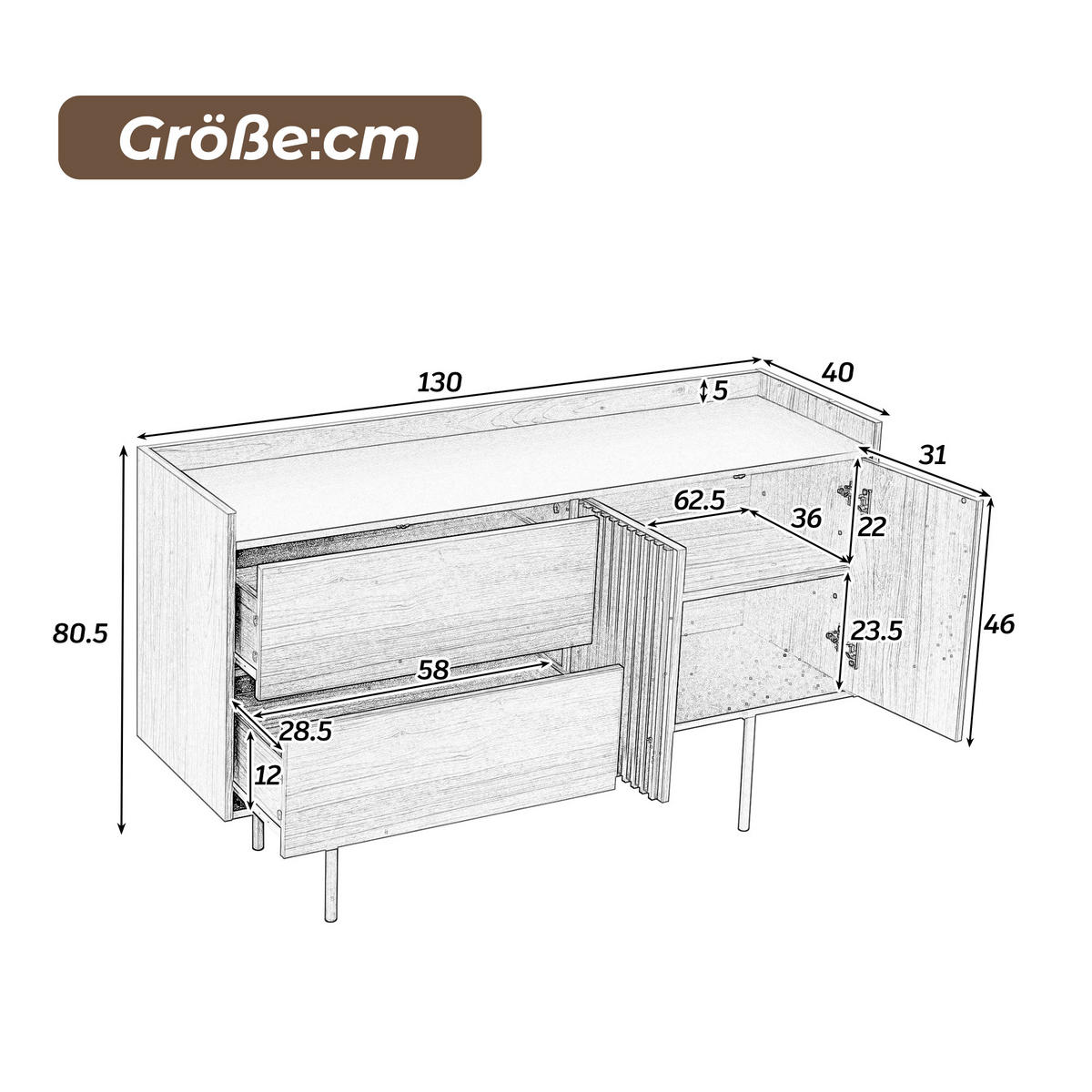 SIDEBOARD - und Schwarzholz 130/40/80.5 cm - Braun, Holzwerkstoff (40/80.5/130cm) - Urban Meuble