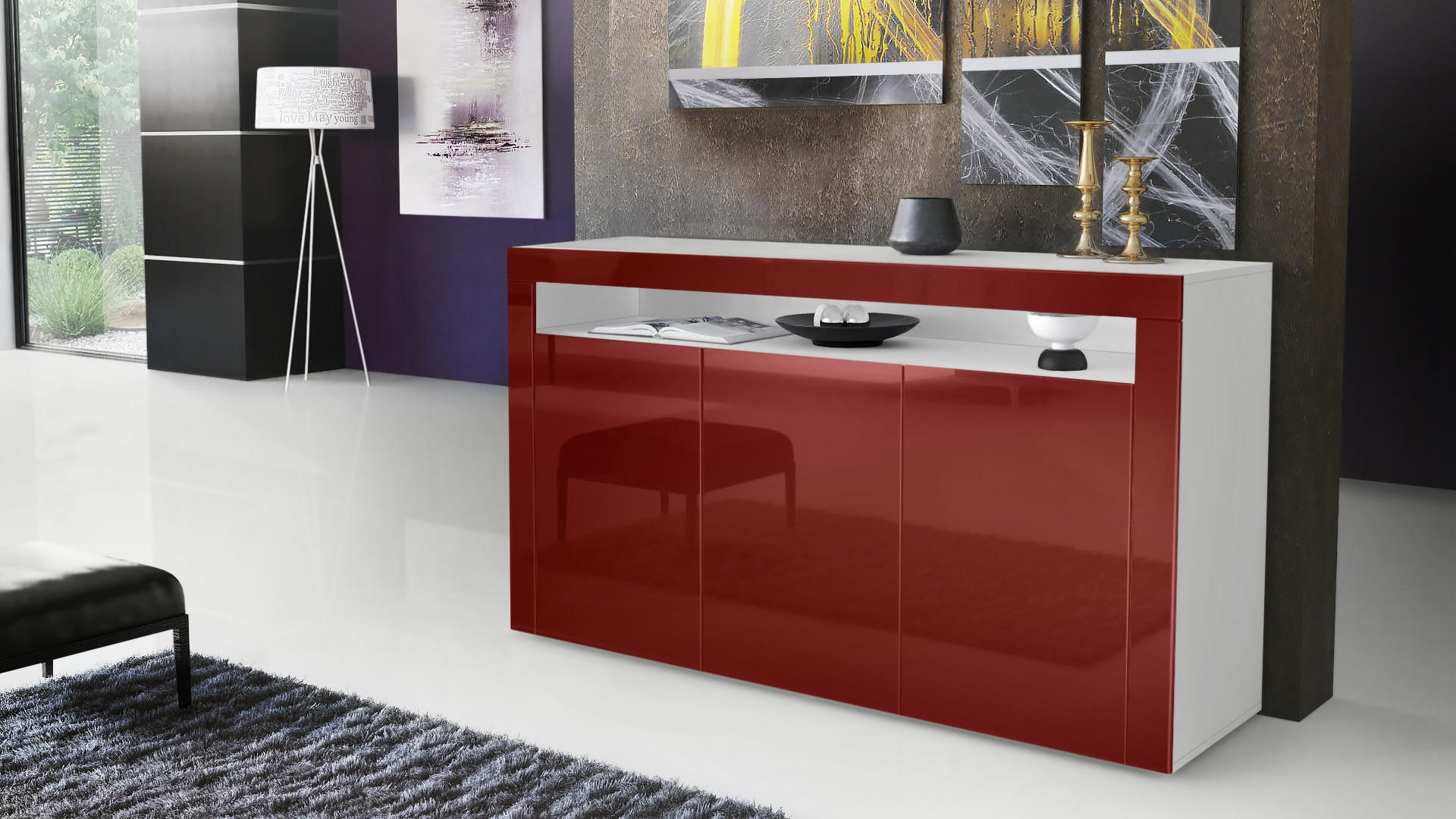 SIDEBOARD Valencia Bordeaux Hochglanz / Bordeaux Hochglanz - Bordeaux, Holzwerkstoff (155/92/40cm) - Vladon