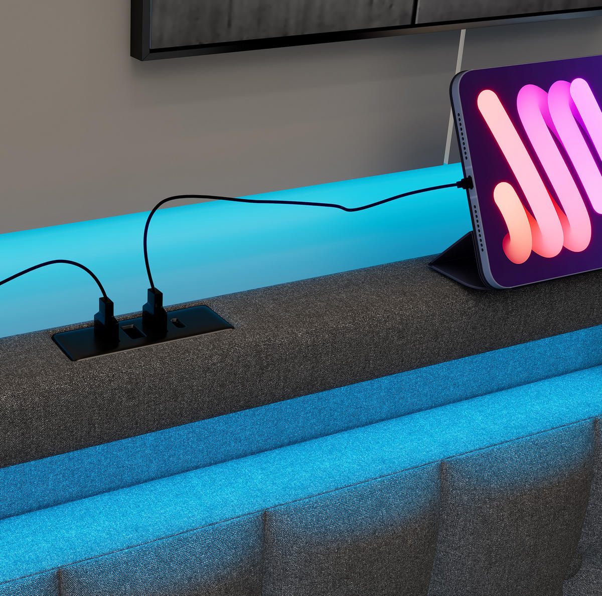 POLSTERBETT mit USB, LED und 2 Schubladen 90x200 cm Leinen Grau - Grau, Metall (90/200cm) - Meubliv