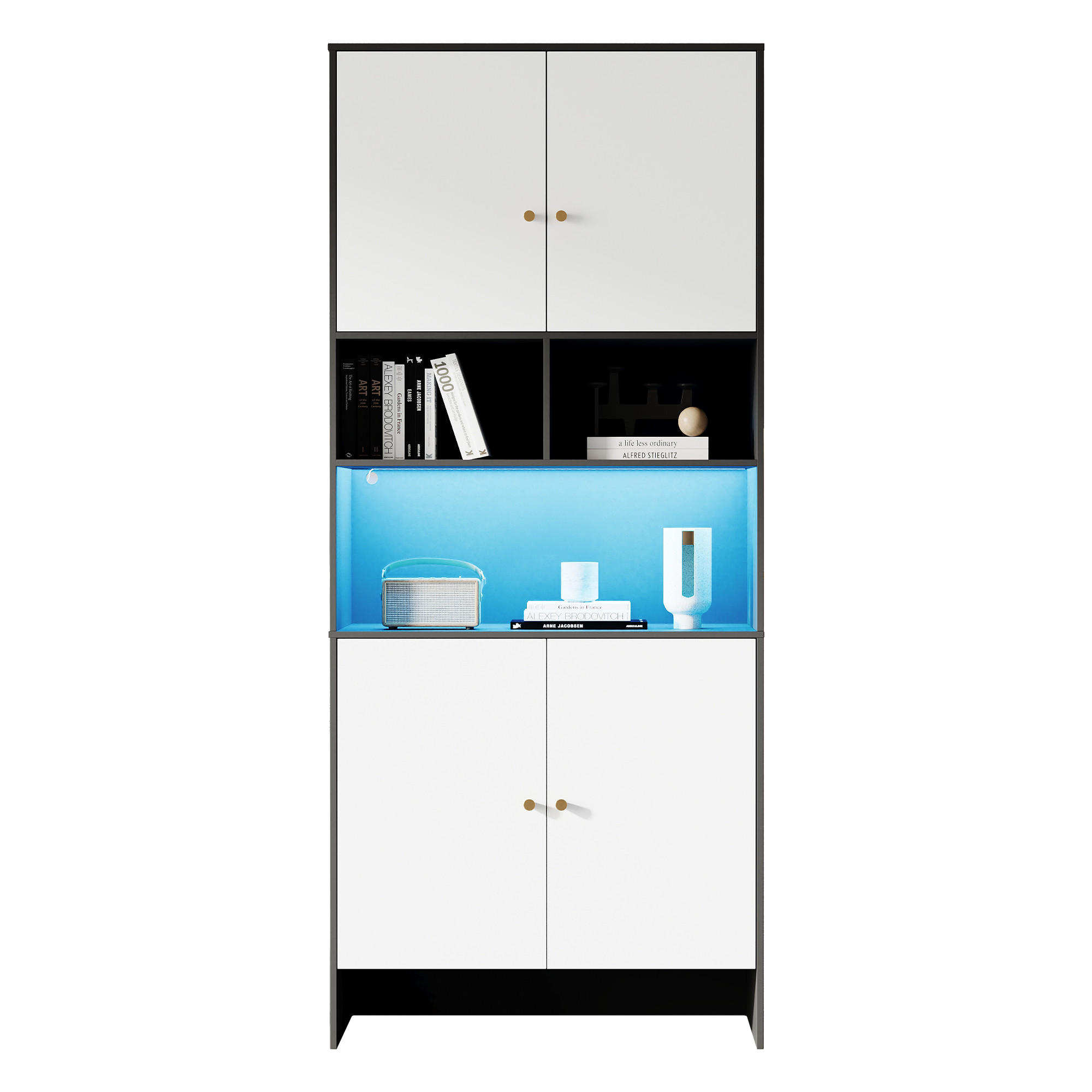 SIDEBOARD 80/40/185 cm mit 4 Türen & 3 offenen Fächern in Weiß/Schwarz - Weiß, Holzwerkstoff (80/185/40cm) - BEAOK