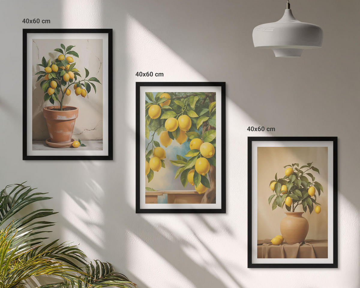 BILDER SET 3er Set - 40x60 cm Schwarzer Rahmen - Zitronenbäumchen im Topf und in der Vase - Schwarz, Kunststoff (40/60cm) - TULUP
