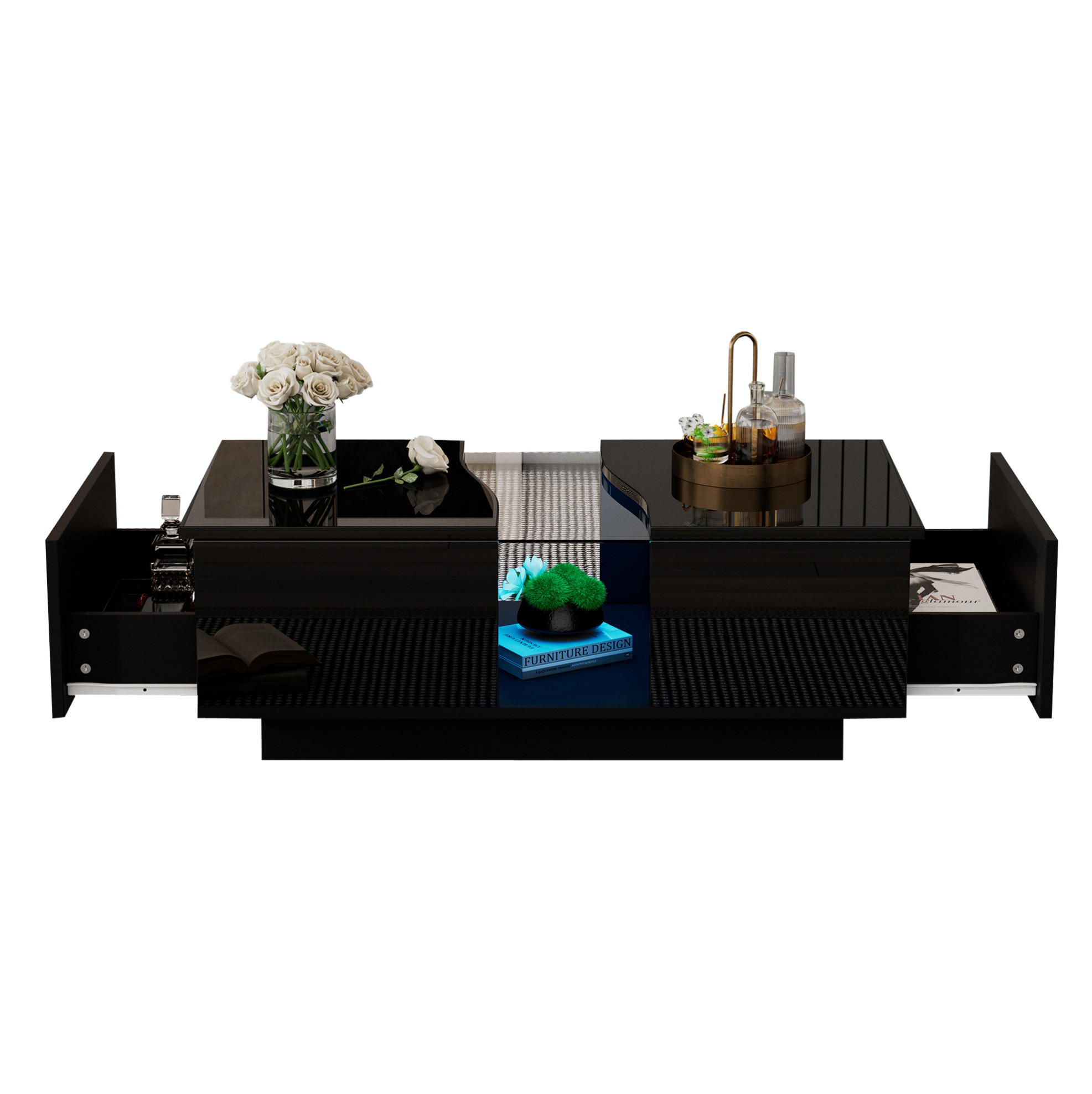 COUCHTISCH 100/50/35 cm schwarz Hochglanz mit 2 Schubladen und LED-Beleuchtung - Schwarz, Holzwerkstoff (100/50/35cm) - OKWISH