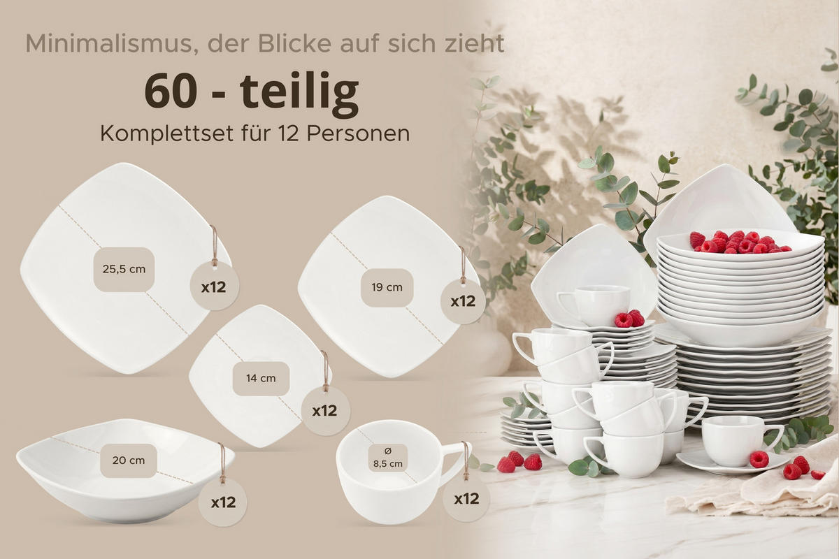 KOMBISERVICE CARLINA 12-Personen 60-tlg - Weiß, Keramik (25.5/2/25.5cm) - KONSIMO®