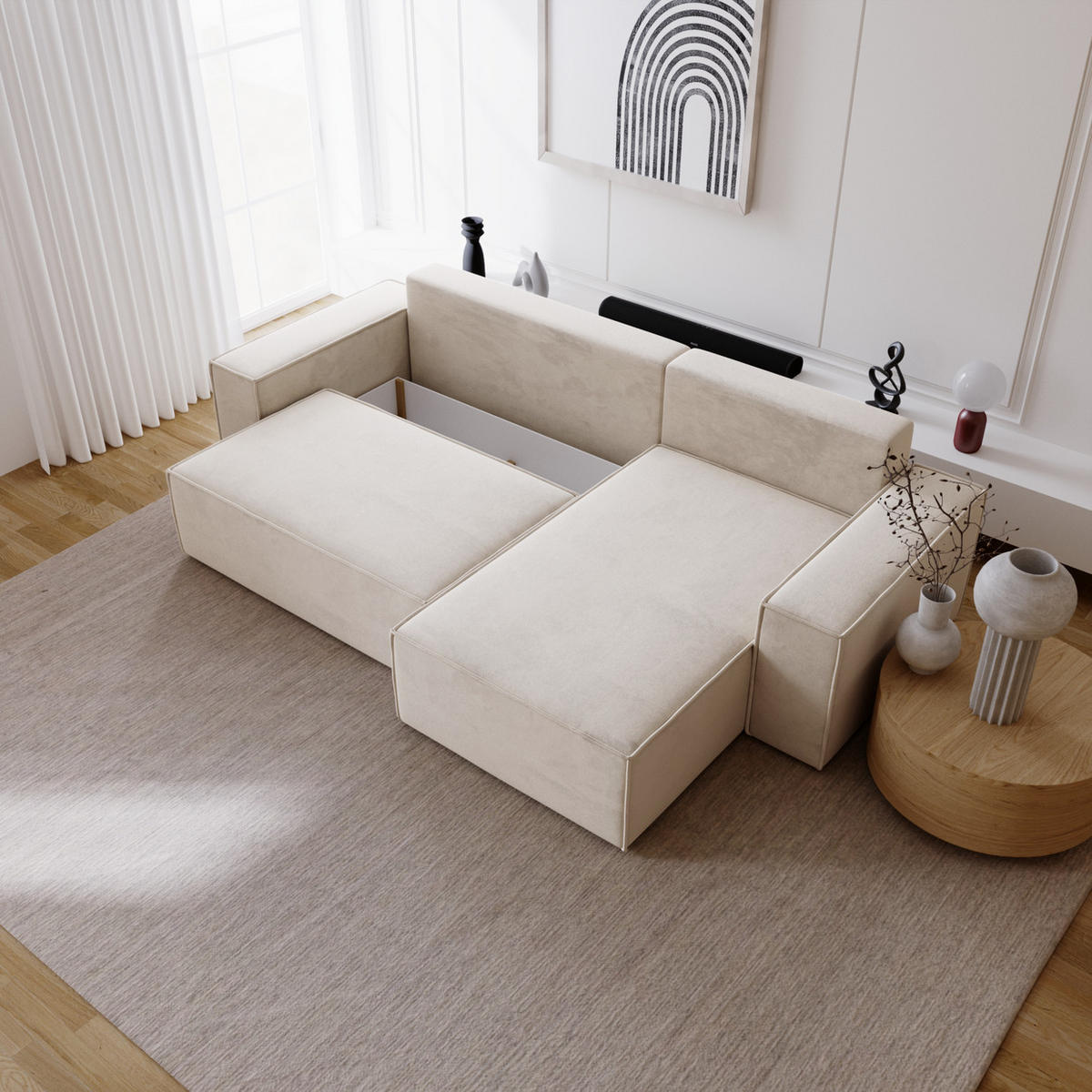 ECKSOFA mit Schlaffunktion Bergamo L 280 cm, Samt, Rechts - Vanille - Ecru, Holz (189/277cm) - Emporius