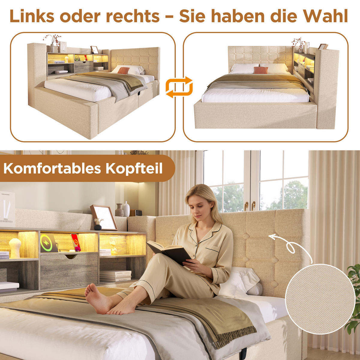 POLSTERBETT aus Leinen, Metall und Holz 90x190 cm Beige mit LED-Beleuchtung, USB-Anschlüssen und Stauraum - Beige, Textil (90/190cm) - IVMEU