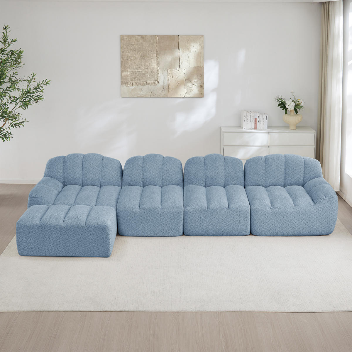 4-SITZER ECKSOFA Granulierter Fleece Blau mit Ottomane - Blau, Textil (366/165cm) - WISHDOR