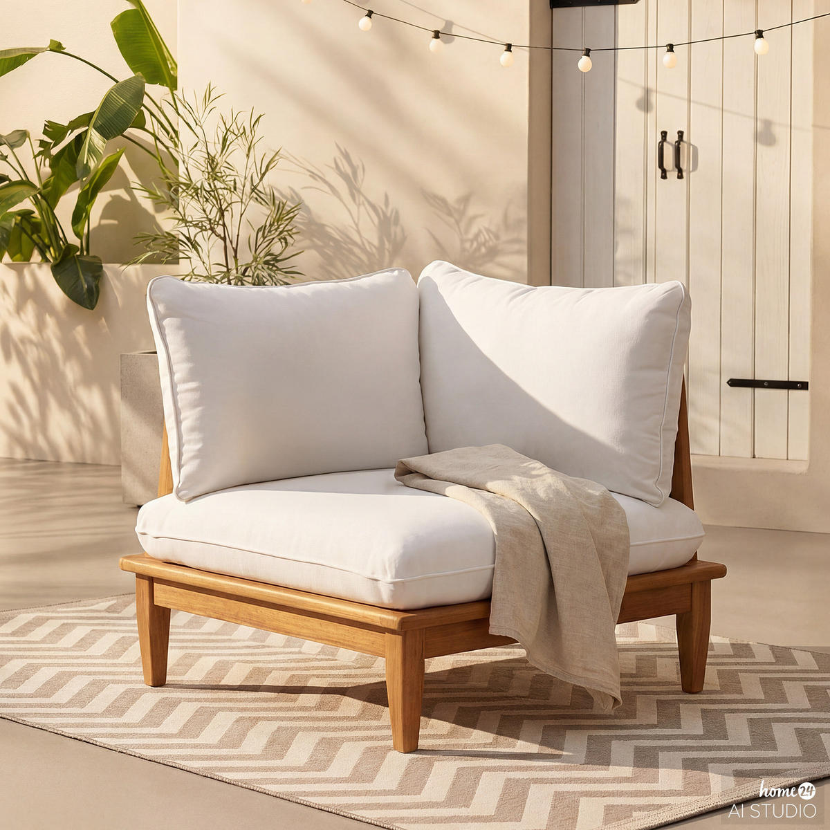 MODUL-LOUNGE-ECKELEMENT - Akazie massiv / Webstoff - Akazie Braun / Creme - Creme/Akaziefarben, Holz/Textil (80/80/80cm) - home24