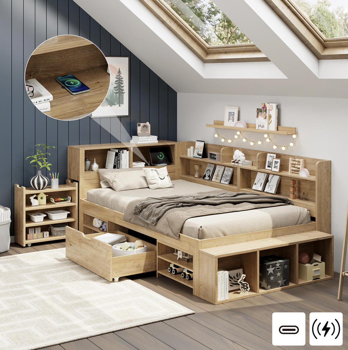 KINDERBETT aus Sperrholz 90x200 cm Natur mit Stauraum, Regalen und Schublade - Naturfarben, Holzwerkstoff (90/200cm) - IVMEU