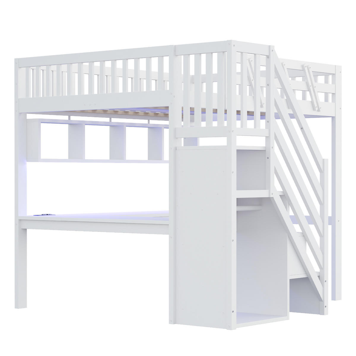 HOCHBETT 140/200 cm DE-01497, in Weiß, mit Aufbewahrungstreppe, Schreibtisch und LED-Licht - Weiß, Holz (140/200cm) - ComfortXL