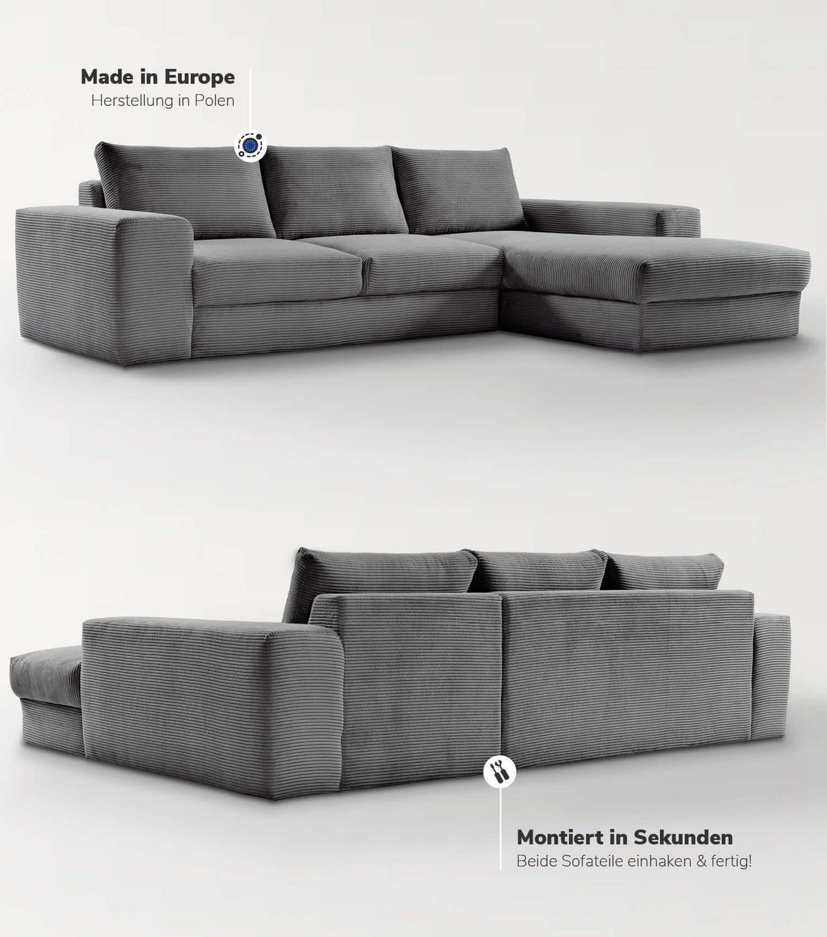 ECKSOFA Der Klassiker Recamiere rechts - Anthrazit, Textil (280/190cm) - Mokebo