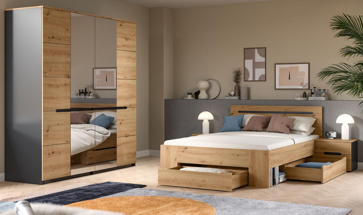SCHLAFZIMMER Eiche Artisan, grau 4-teilig, Komplettset mit viel Stauraum - Eiche Artisan/Grau, Glas/Holzwerkstoff - Inn.Furn