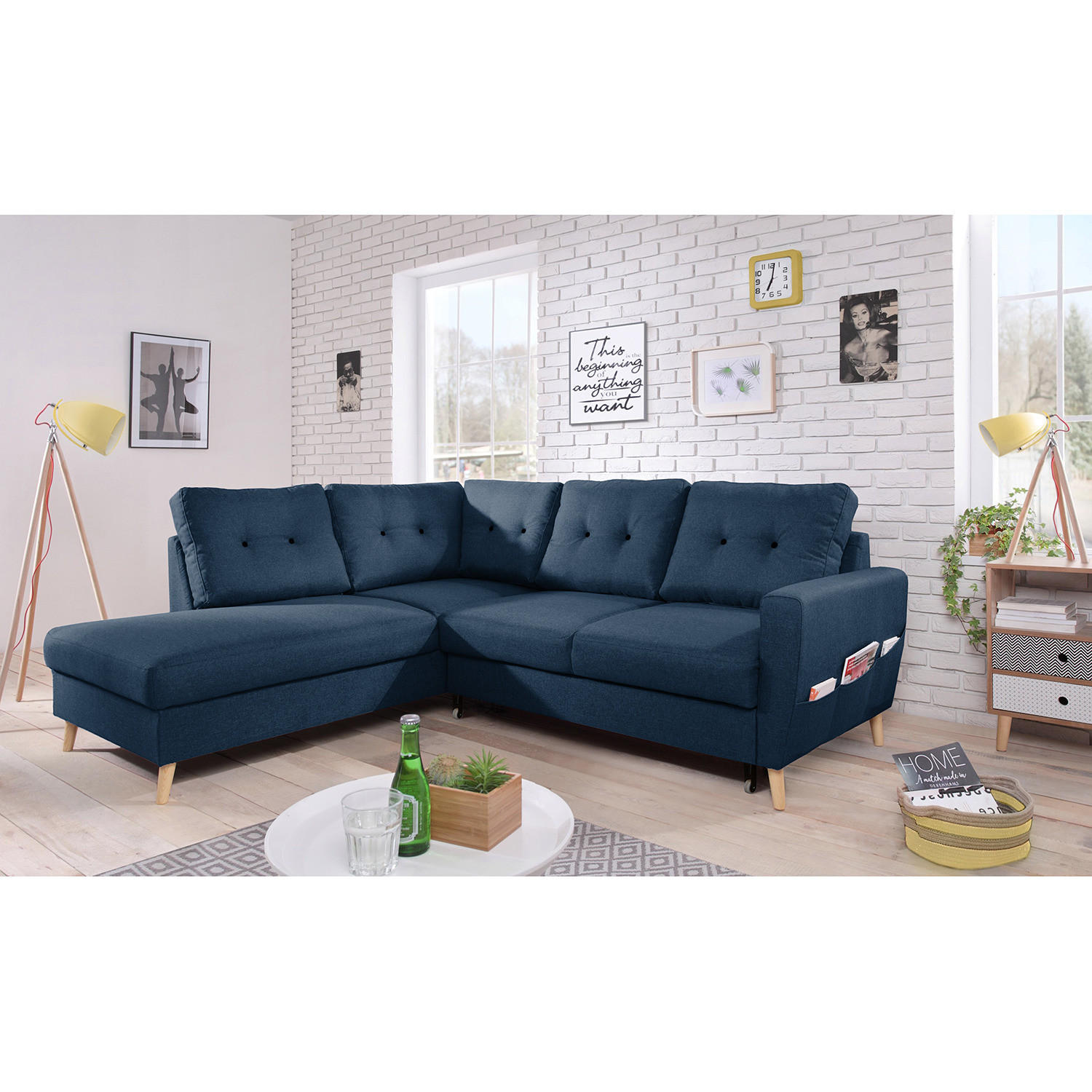 ECKSOFA mit Ottomane - Webstoff - Hellbraun/Blau, Textil (230/200cm) - home24