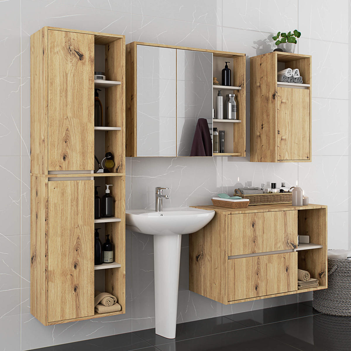BAD HOCHSCHRANK Vami Eiche Artisan, Kaschmir - Kaschmir/Eiche Artisan, Holzwerkstoff (50/170/30cm) - Akord