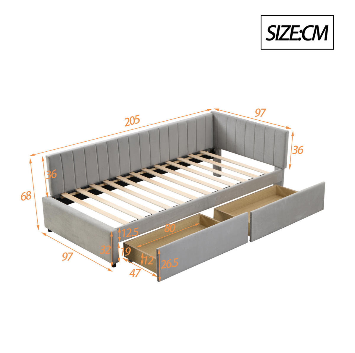 ČALÚNENÁ posteľ 205/97 cm sivá, s úložnými zásuvkami a lamelovým roštom - sivá, koža (90/200cm) - BEAOK