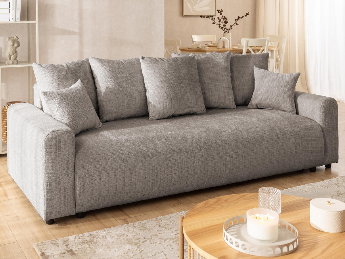 SCHLAFSOFA Calma mit Bettkasten im Bumpy-Design aus weichem Taupe Chenille-Stoff - Taupe/Schwarz, Holz/Kunststoff (239/88/98cm) - S-Style Möbel