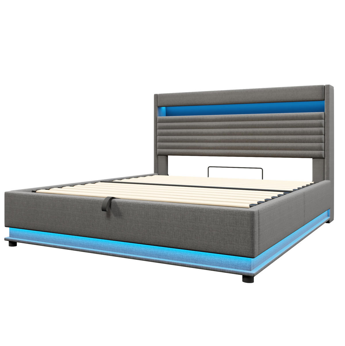 POLSTERBETT 180/200 cm mit LED-Beleuchtung, USB- und Typ-C-Anschluss, hydraulischem Stauraum und Leinenbezug, Grau - Grau, Textil (180/200cm) - Redom