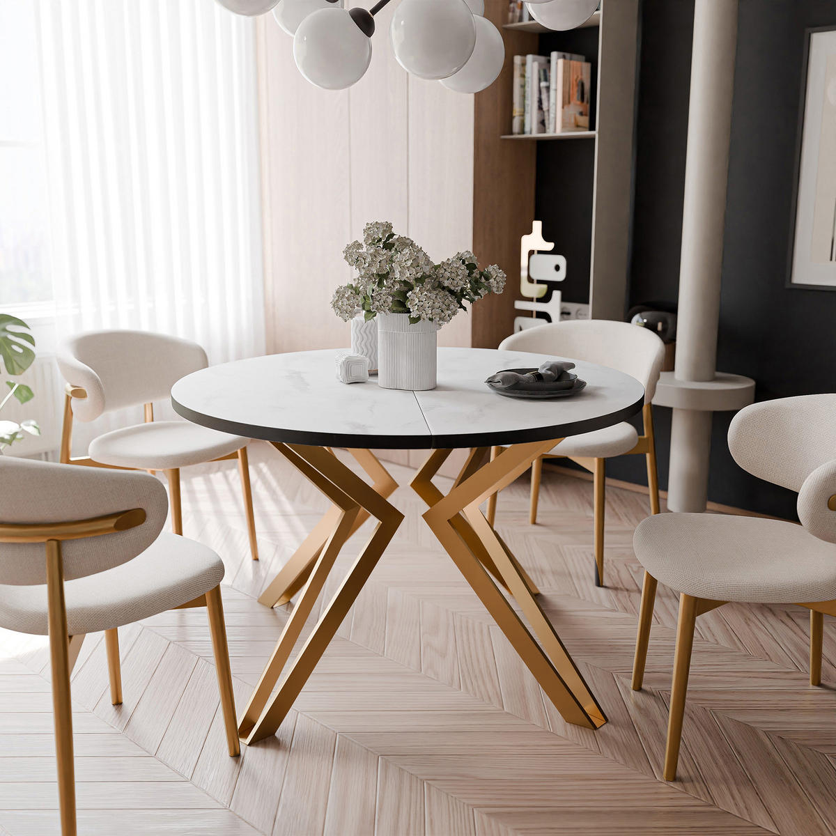 ESSTISCH ausziehbar aus MDF, Weiß - Goldfarben/Weiß, Holzwerkstoff (120/120/76cm) - Idohome