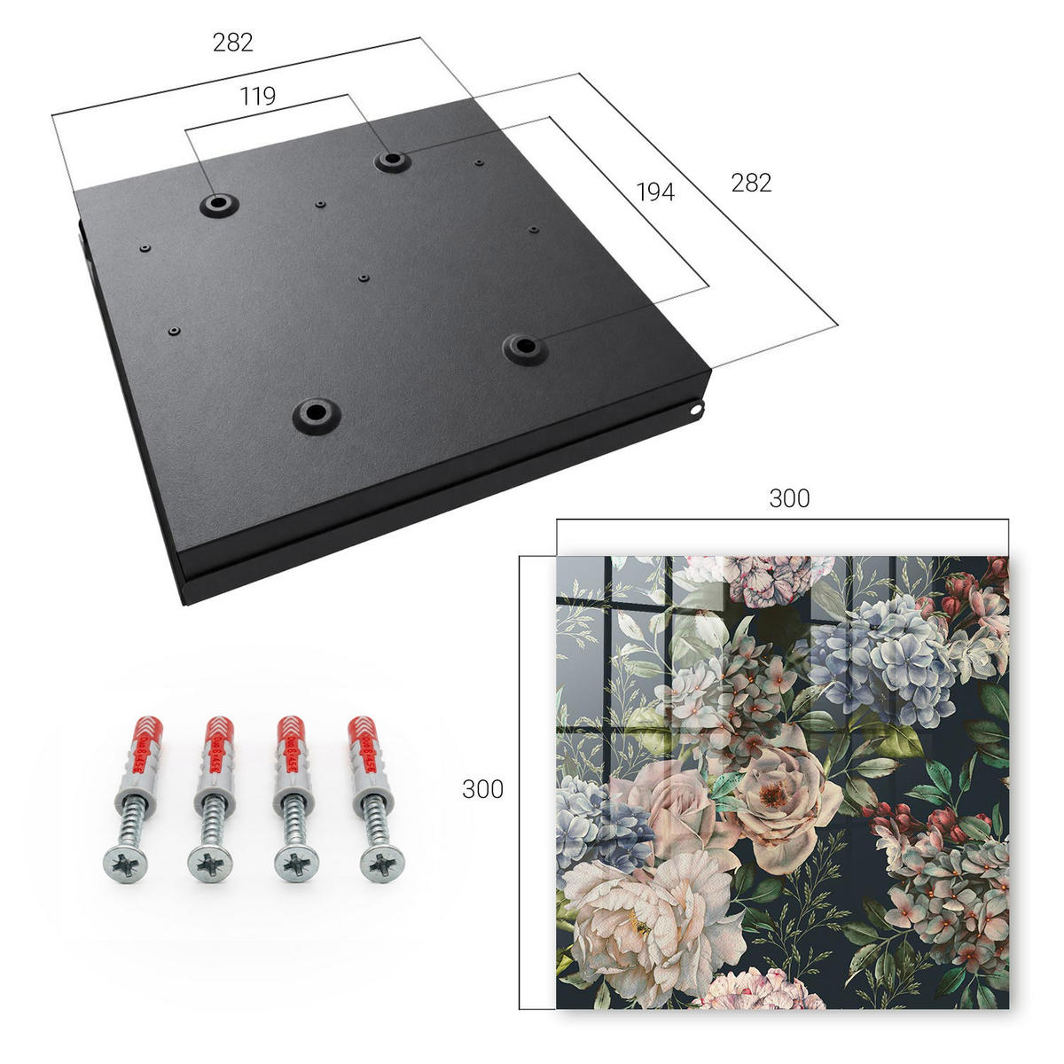 SCHLÜSSELBOX Schwarz 30x30 cm- Türöffnung nach rechts - Blumenmuster - Grün, Metall (30/30/5cm) - TULUP