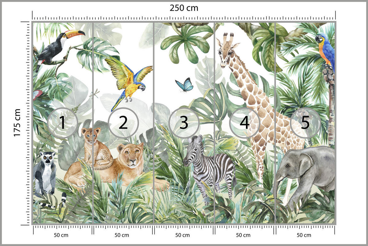 FOTOTAPETE für Kinderzimmer Tropen Dschungel Tiere Palmen Monstera 250x175 - Beige/Orange, Papier (250/175cm) - Muralo