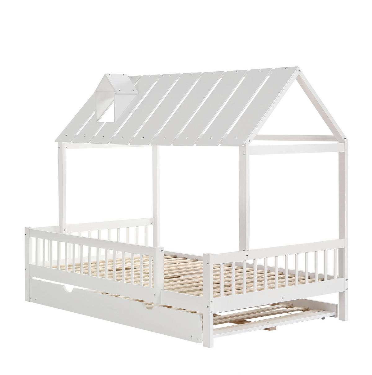 HAUSBETT 120/200 cm in Weiß – mit Dach, Kaminleiste und Rollbett - Weiß, Holzwerkstoff (120/200cm) - BEAOK