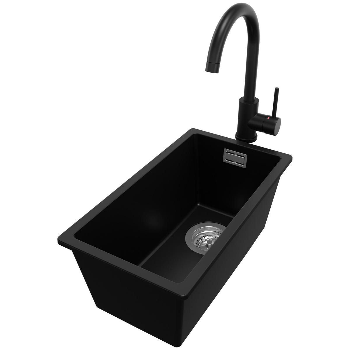 UNTERBAUSPÜLE GRANIT London, 2-er set Schwarz 26/47 cm 1 Becken + Küchenarmatur 32/20 cm + Ablauf-Set ab 30er Unterschrank - Chromfarben/Schwarz, Kunststoff (26/20/47cm) - Primagran