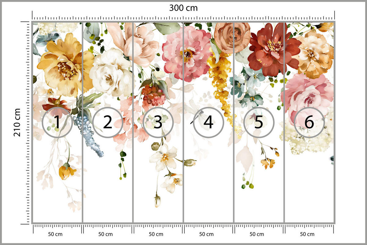 FOTOTAPETE für Schlafzimmer Aquarell Bunte Blumen Ranken Blätter 300x210 - Gelb/Rot, Papier (300/210cm) - Muralo