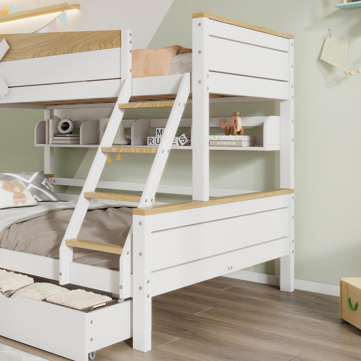 ETAGENBETT 90/200 cm mit Windmühle Weiß+Natur aus Kiefer und MDF mit Regalen und Schubladen - Weiß, Holzwerkstoff (90/200cm) - OKWISH