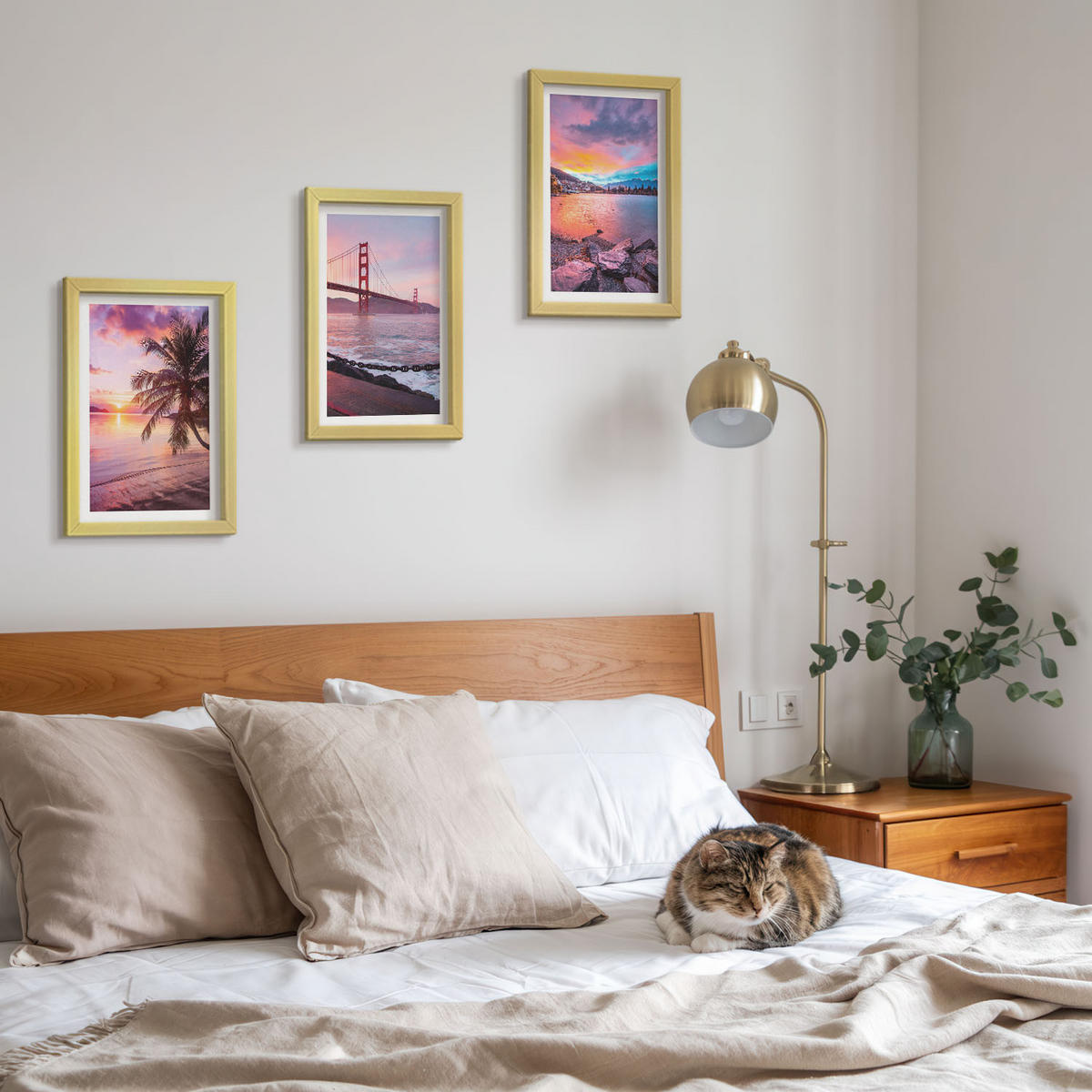 WANDBILDER 3er Set - 20x30 cm Goldrahmen - Sonnenuntergangsbrücke Landschaft - Goldfarben, Kunststoff (20/30cm) - ArtPrintCave