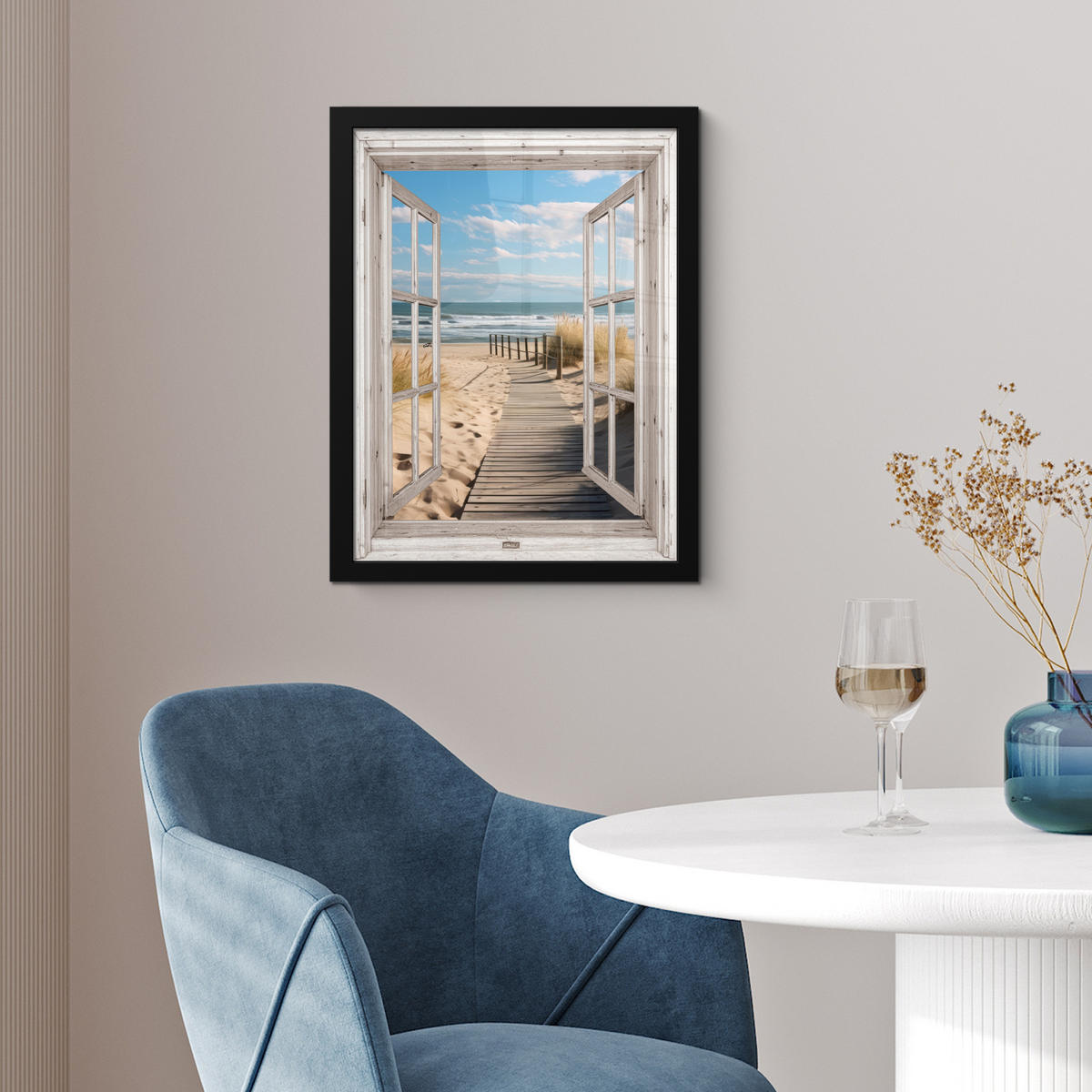 GERAHMTES BILD Fenster - Meer - Küste - Natur - Ausblick - Strand - Wattenmeer 30x40 cm - Beige, Papier (30/40cm) - MuchoWow