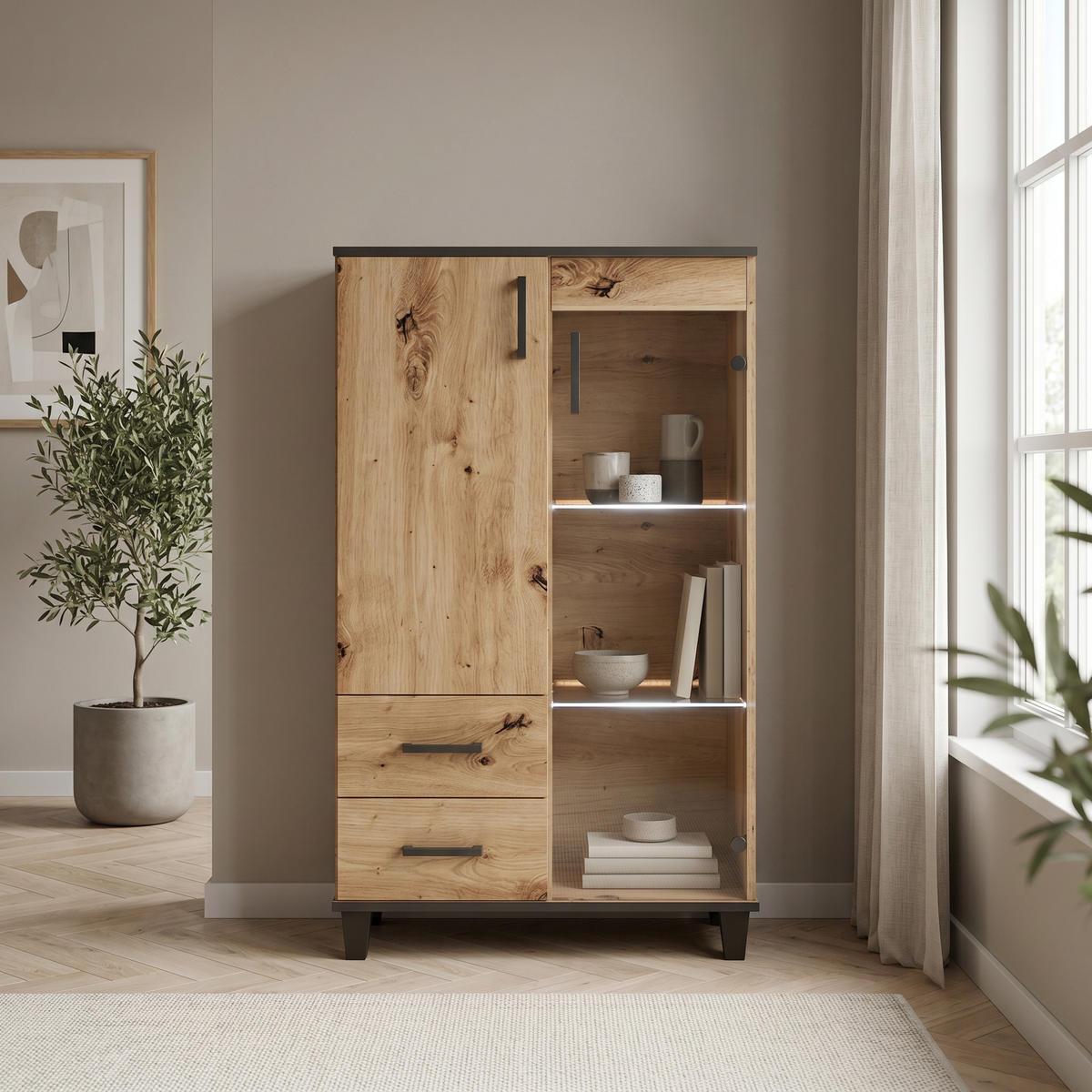 KOMMODE CORTEZA 80/132/40cm mit 2 Schubladen 2 Türen Eiche Artisan - Eiche Artisan, Holzwerkstoff (80/132/40cm) - MASSENO