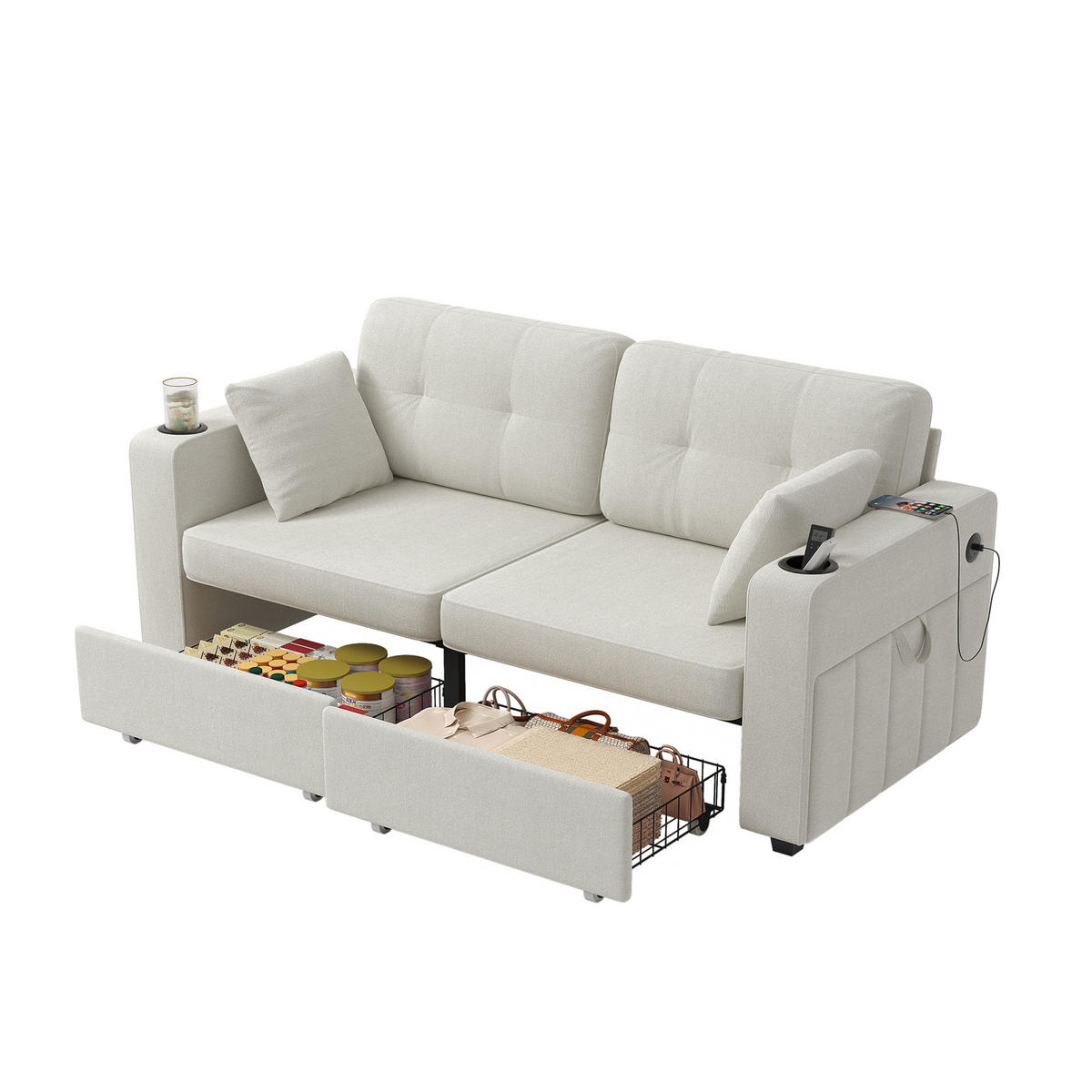 SOFA 2-Sitzer mit Stauraumschubladen USB Chenille Beige - Beige, Holzwerkstoff (172/82/75cm) - Meubliv