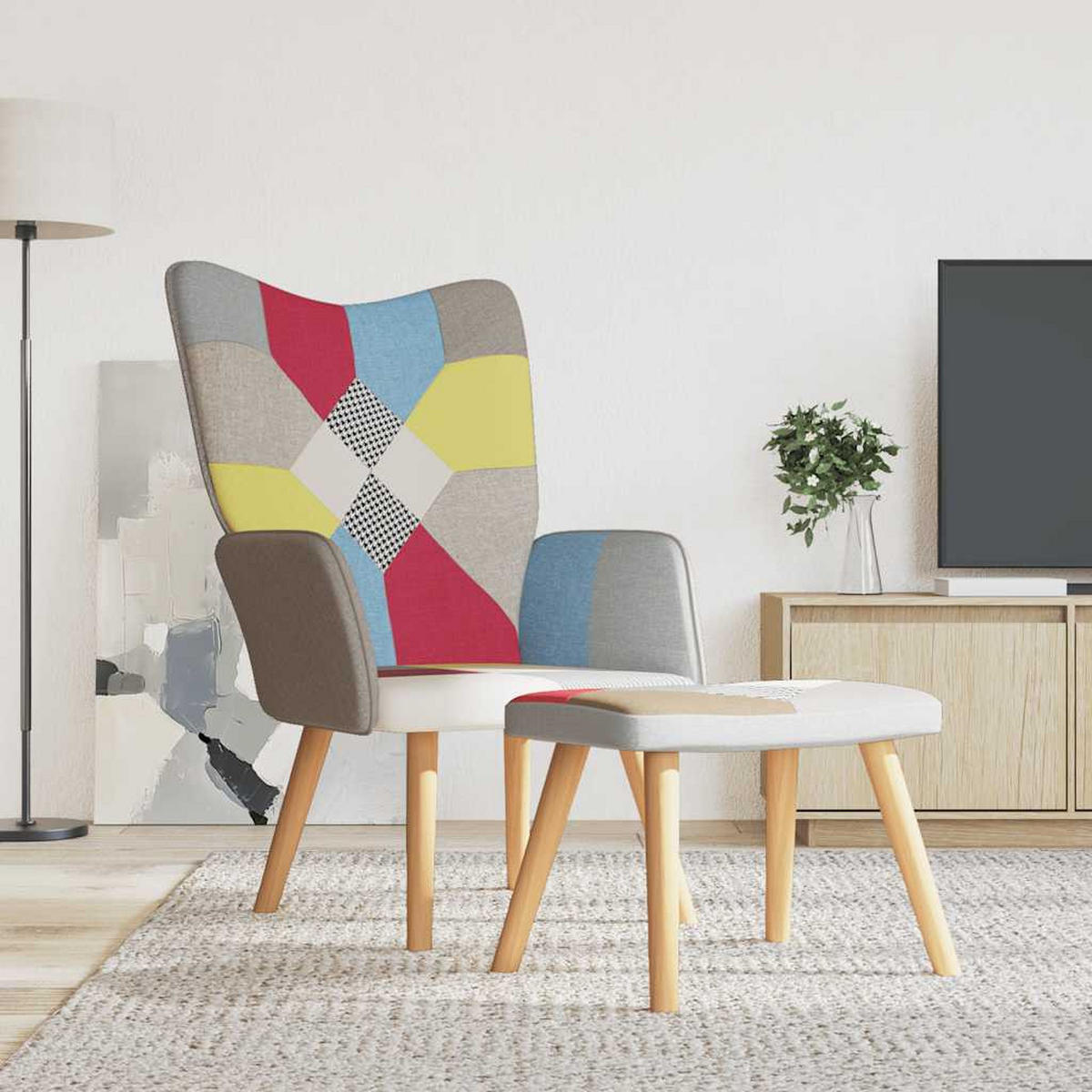 RELAXSESSEL Mit Hocker Patchwork Stoff - Multicolor/Braun, Holz/Textil (69/95.5/61.5cm) - vidaXL