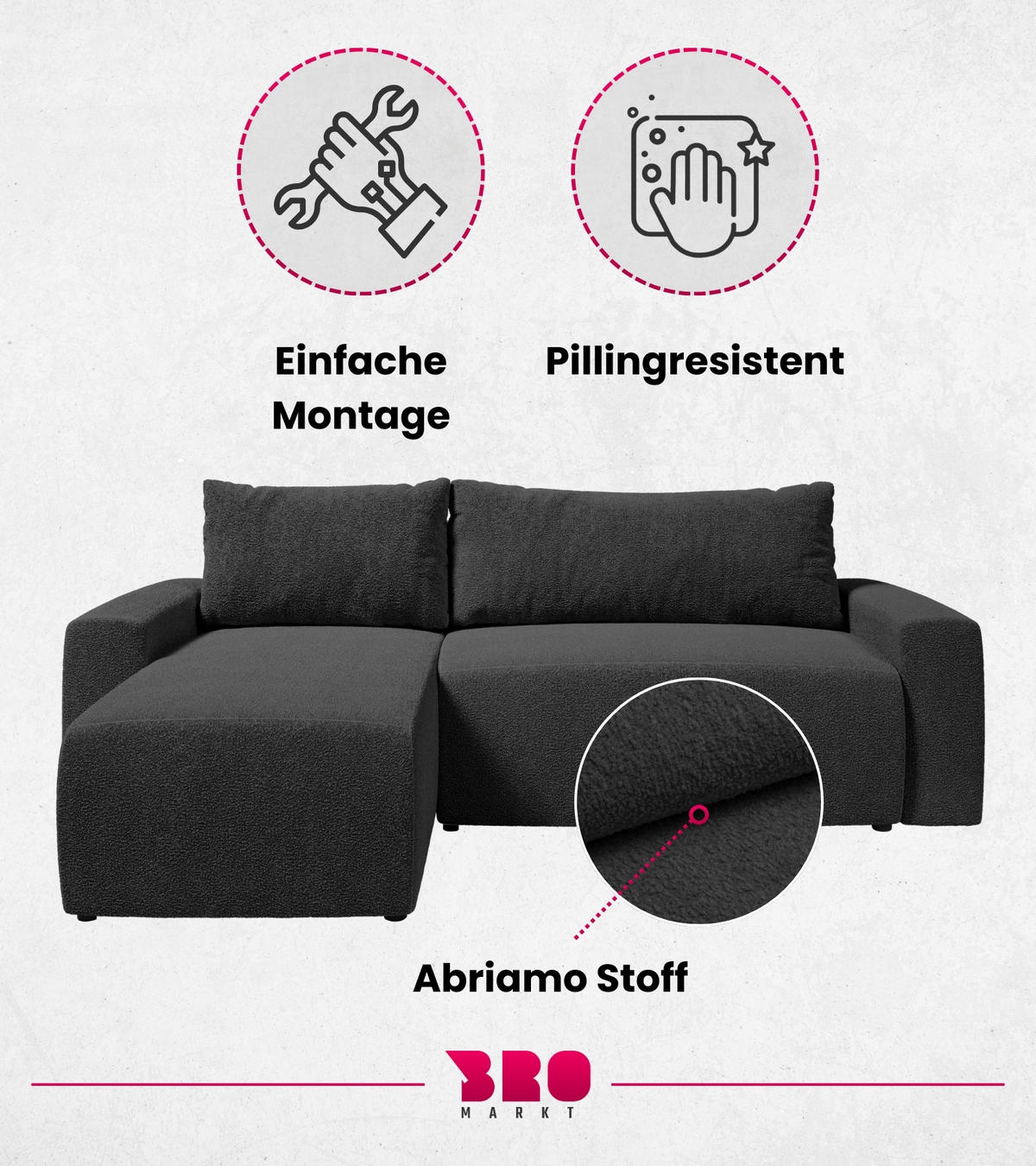 ECKSOFA PLUSH mit Schlaffunktion Anthrazit Boucle - Anthrazit, Textil (240/145cm) - Bromarkt