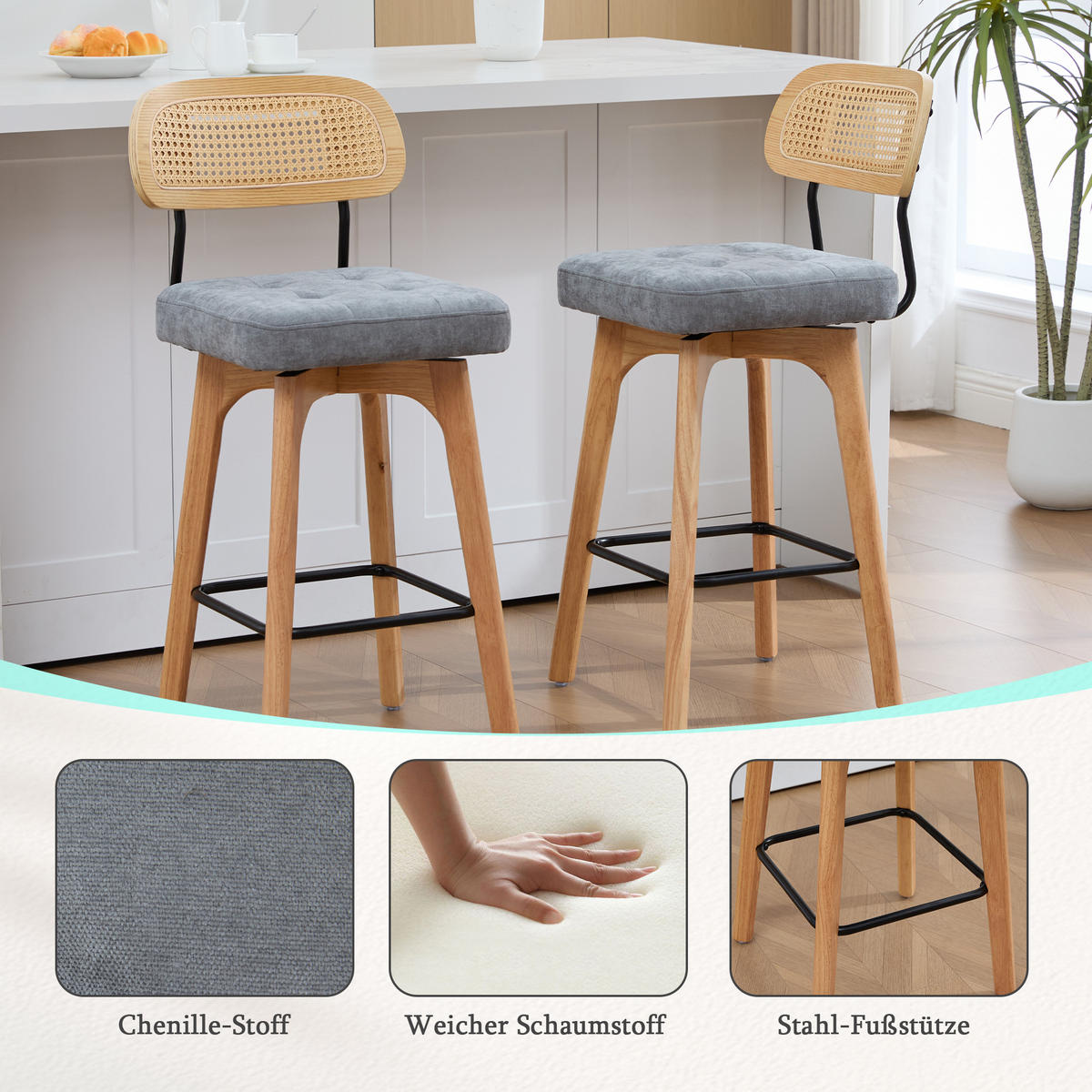 BARHOCKER 2er Set, 360° drehbar, Wiener Geflecht/Chenille, 67,5cm Sitzhöhe, Grau - Wildeiche/Grau, Holz/Textil (44/96/51cm) - LVHOM