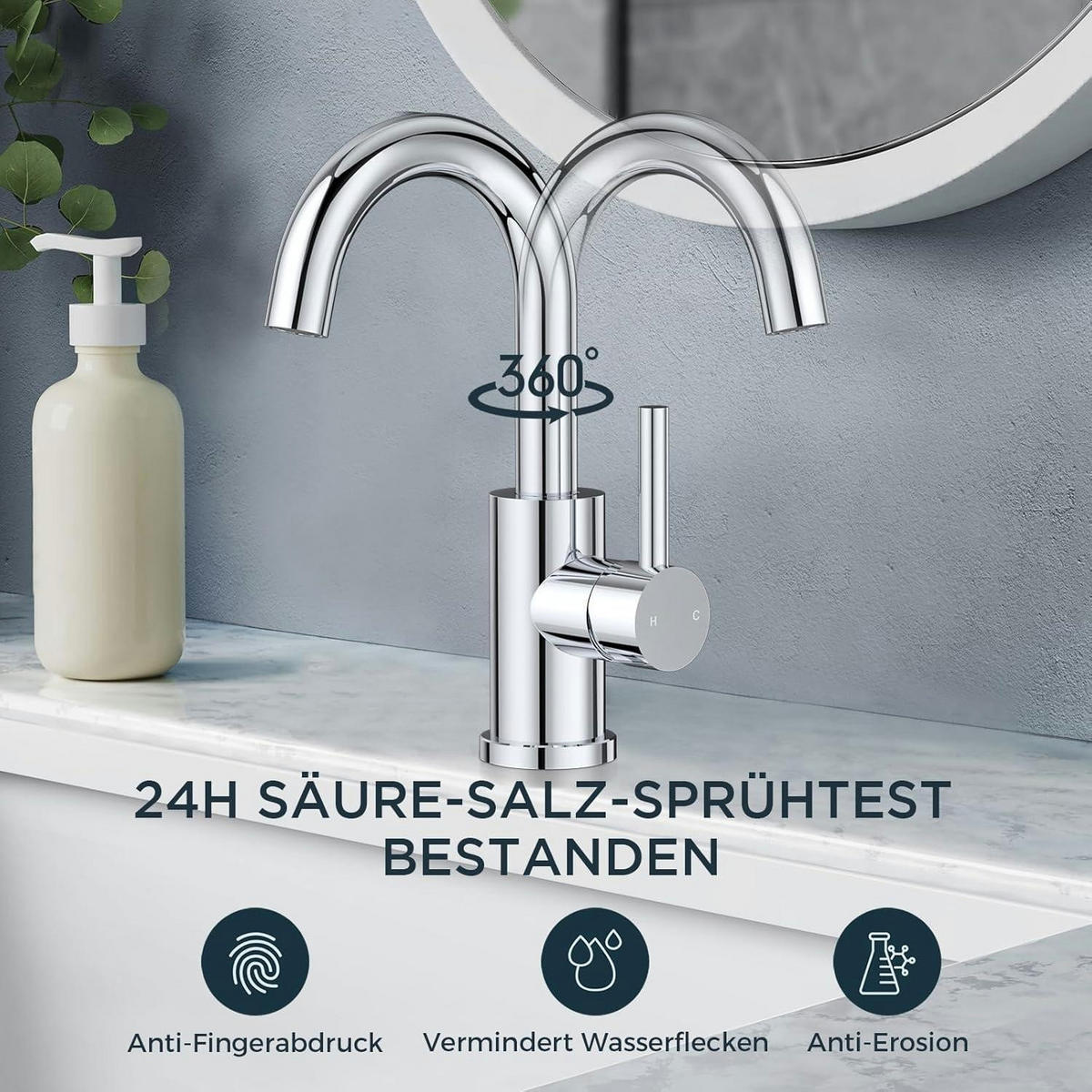 WASCHTISCHARMATUR Hoch 360° drehbar polierter Chrom - Silberfarben, Metall (6.9/12.7/25cm)