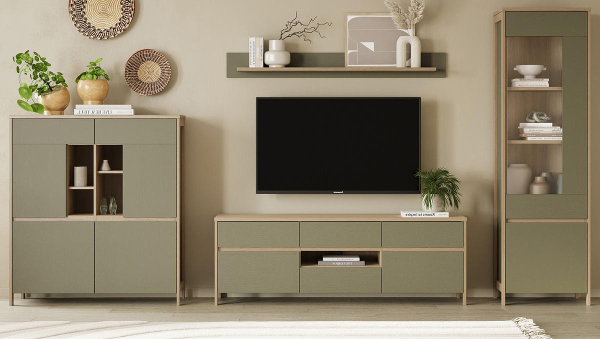 WOHNWAND Salbei grün, Eiche, Wohnkombination skandinavisch 4-teilig 360 cm, Soft-Close - Salbeigrün/Eichefarben, Holzwerkstoff/Metall (363/195/39cm) - Furn.Design