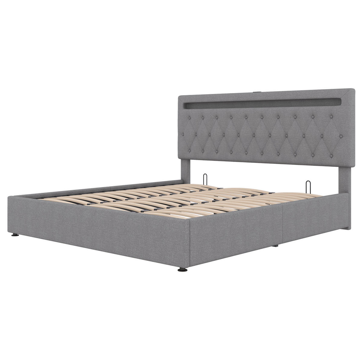 BETT mit Stauraum 180x200 cm Leinen Grau 2 USB-Anschlüsse - Grau, Metall (180/200cm) - Meubliv