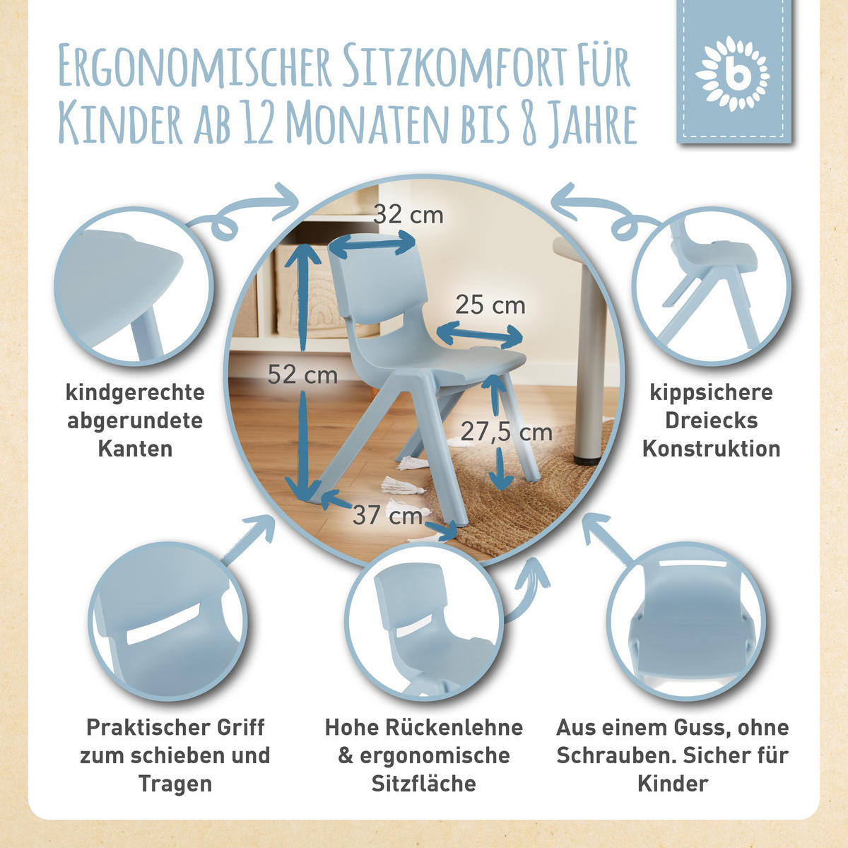 KINDERTISCH mit 2 Stühlen stapelbar - Hellblau, Kunststoff (62/52/62cm) - Bieco Spielwaren